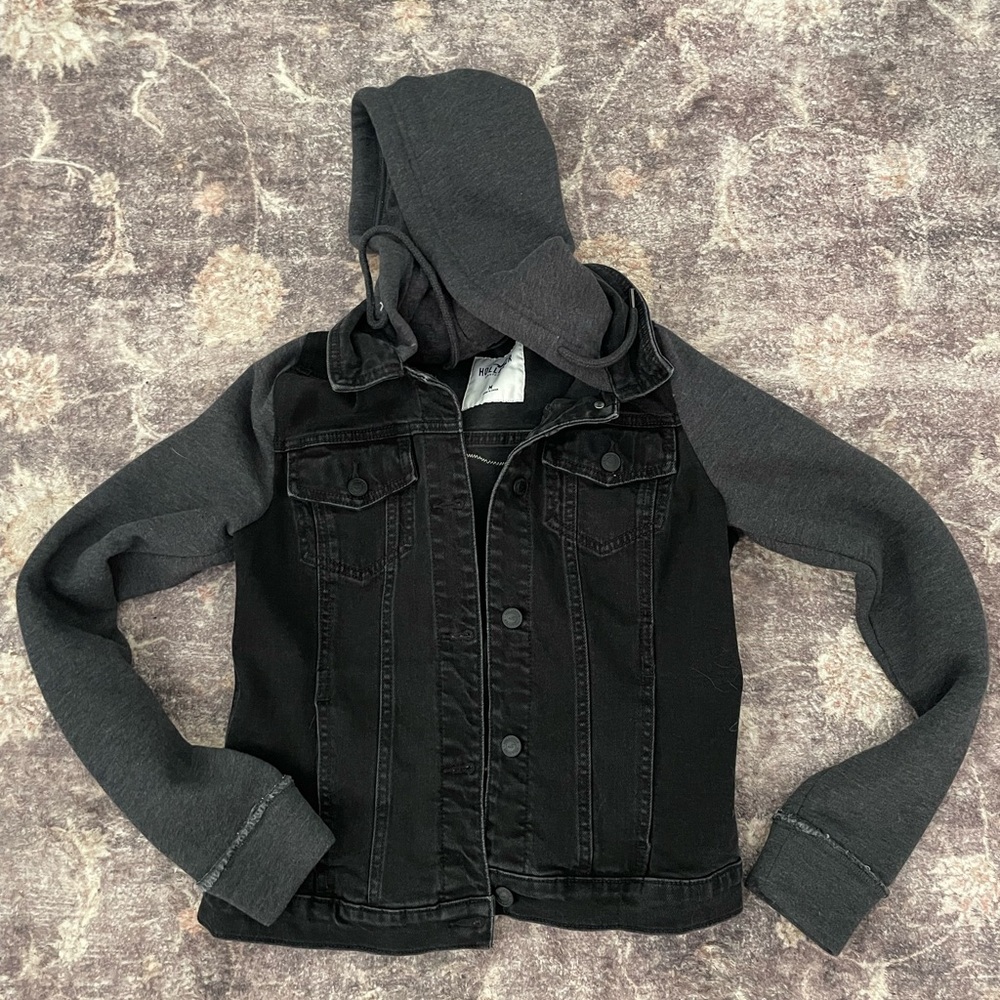 Hollister Kids Black Denim Jacket with Gray Hoodie w/ I am Sloth Artwork
